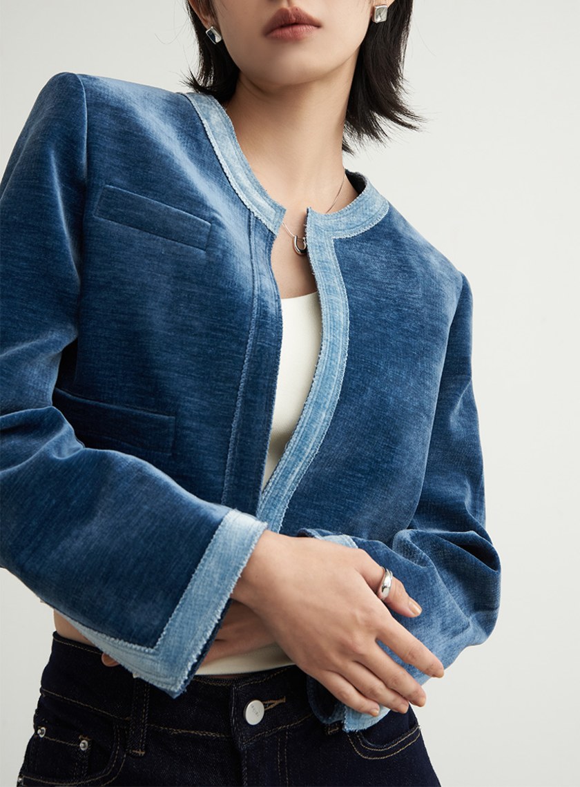 絨面無領雙色短版長袖外套